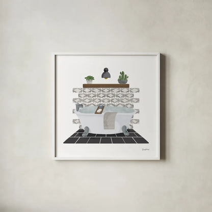 Relaxing Bathroom II Dark by Becky Thorns. Shown in a crisp white glass frame for a clean and minimalist style. Available as an archival giclee rolled canvas, fine art paper, or poster print. SKU 79278a.