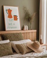 Retro Kitchen Coffee I by Becky Thorns. shown as a paper print in a natural frame. Available as a archival giclee rolled canvas, fine art paper, or poster print. SKU 73295h.