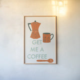 Retro Kitchen Coffee I by Becky Thorns. shown as a paper print in a natural frame. Available as a archival giclee rolled canvas, fine art paper, or poster print. SKU 73295h.
