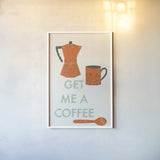 Retro Kitchen Coffee I by Becky Thorns. shown as a paper print in a white frame. Available as a archival giclee rolled canvas, fine art paper, or poster print. SKU 73295h.