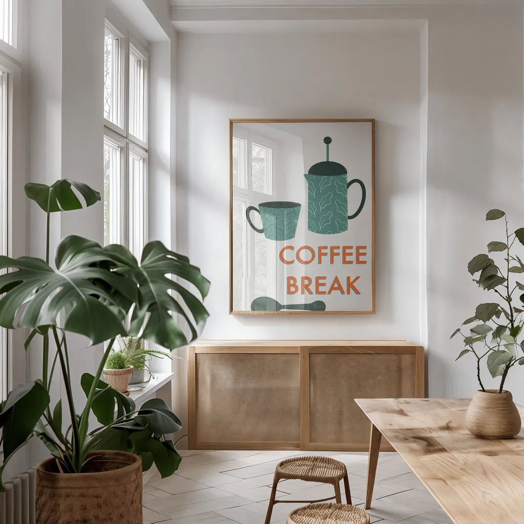 Retro Kitchen Coffee II by Becky Thorns. shown as a print in a natural wood frame in a dining room. Available as a archival giclee rolled canvas, fine art paper, or poster print. SKU 73296h.