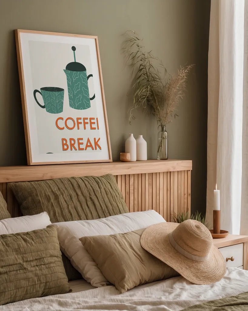 Retro Kitchen Coffee II by Becky Thorns. shown as a paper print in a natural frame. Available as a archival giclee rolled canvas, fine art paper, or poster print. SKU 73296h.