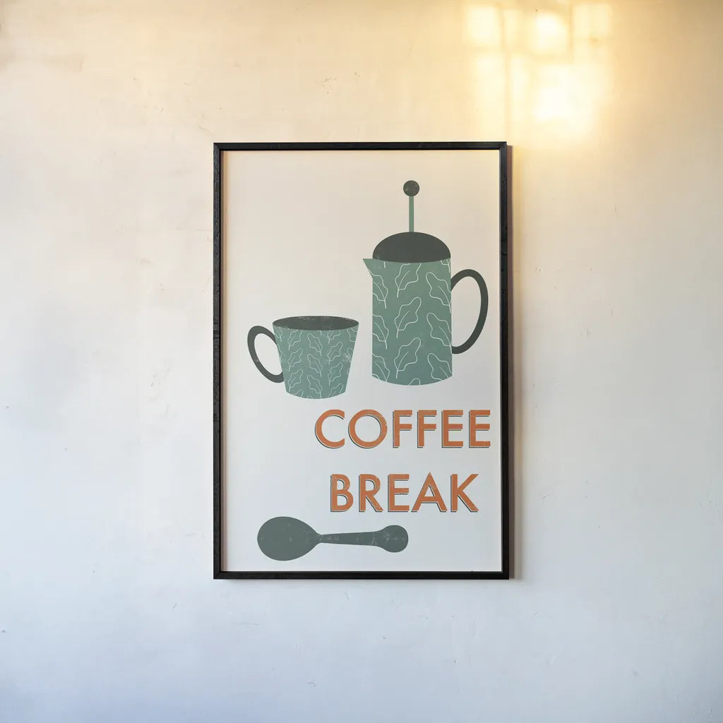 Retro Kitchen Coffee II by Becky Thorns. shown as a paper print in a black flame. Available as a archival giclee rolled canvas, fine art paper, or poster print. SKU 73296h.