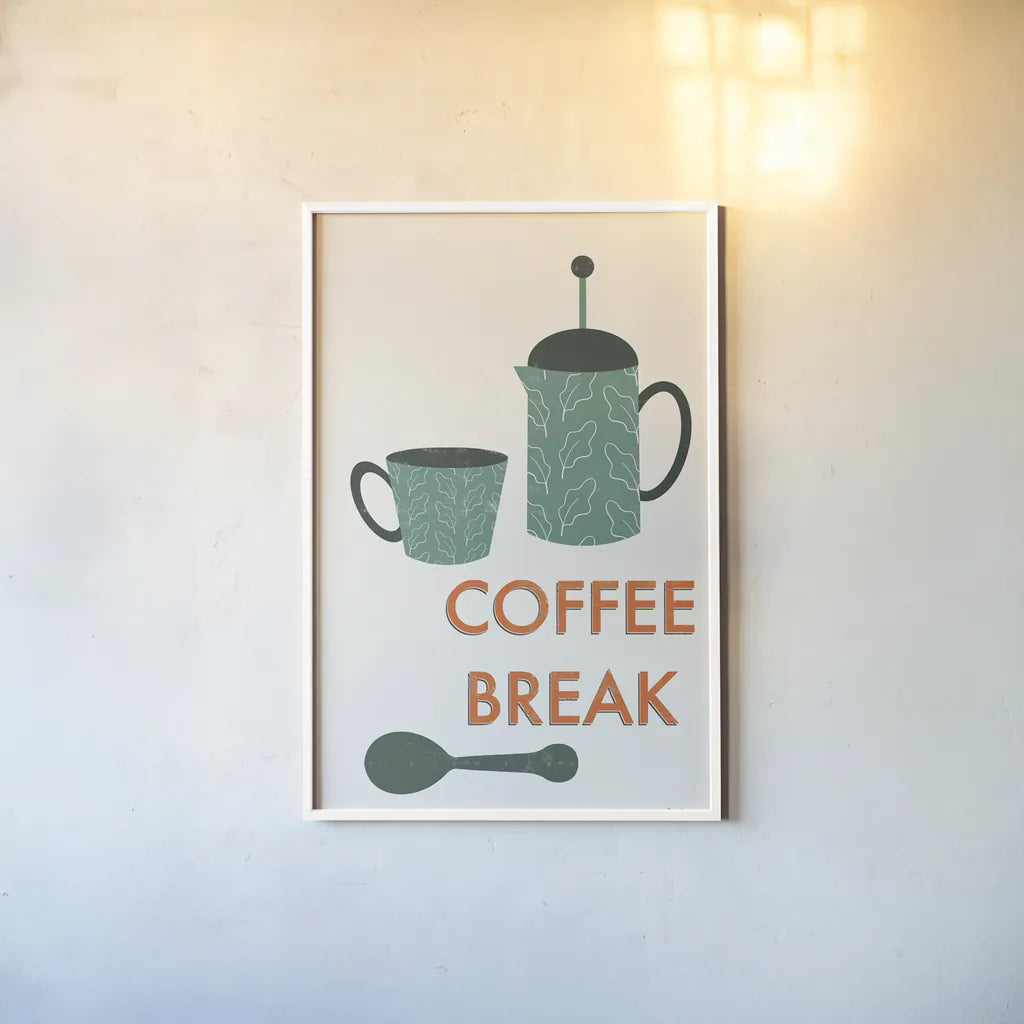 Retro Kitchen Coffee II by Becky Thorns. shown as a paper print in a white frame. Available as a archival giclee rolled canvas, fine art paper, or poster print. SKU 73296h.