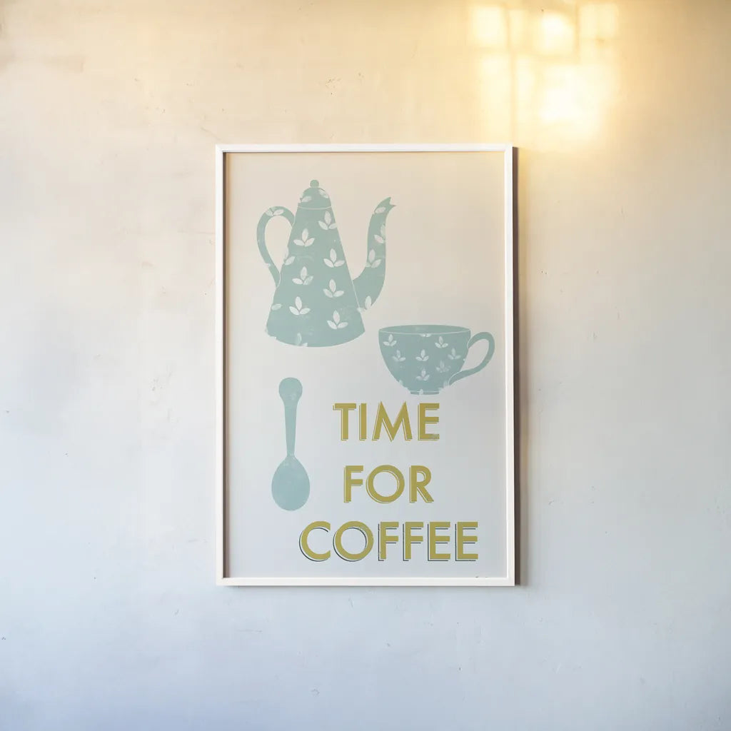 Retro Kitchen Coffee III by Becky Thorns. shown as a paper print in a white frame. Available as a archival giclee rolled canvas, fine art paper, or poster print. SKU 73297h.