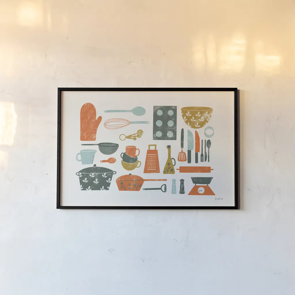 Retro Kitchen I by Becky Thorns. shown as a paper print in a black flame. Available as a archival giclee rolled canvas, fine art paper, or poster print. SKU 73292i.
