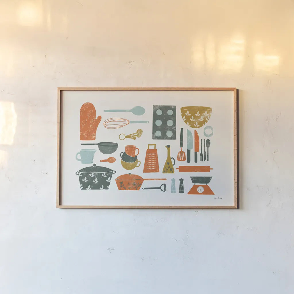 Retro Kitchen I by Becky Thorns. shown as a paper print in a natural frame. Available as a archival giclee rolled canvas, fine art paper, or poster print. SKU 73292i.