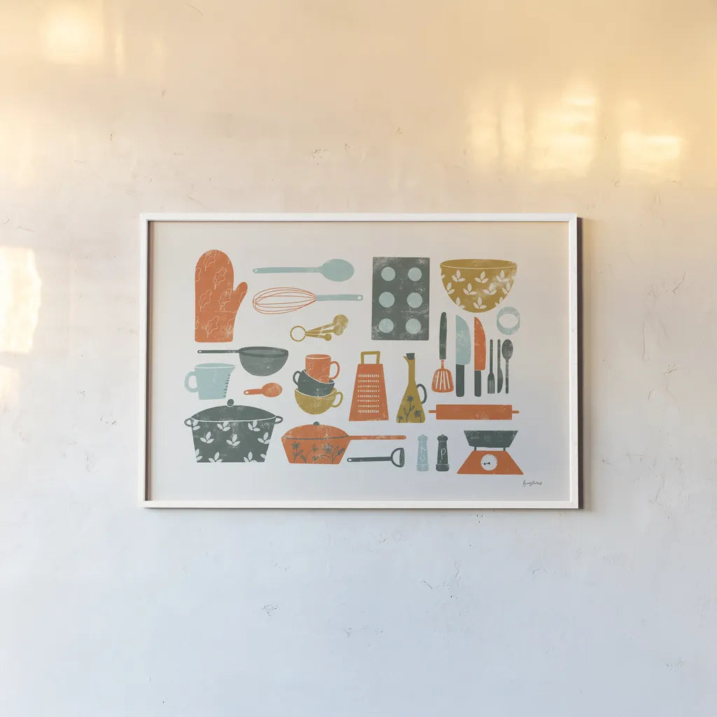 Retro Kitchen I by Becky Thorns. shown as a paper print in a white frame. Available as a archival giclee rolled canvas, fine art paper, or poster print. SKU 73292i.