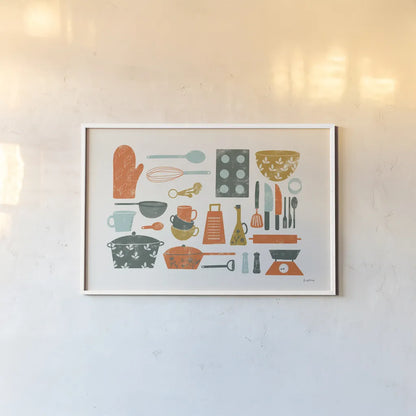 Retro Kitchen I by Becky Thorns. shown as a paper print in a white frame. Available as a archival giclee rolled canvas, fine art paper, or poster print. SKU 73292i.