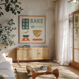 Retro Kitchen II by Becky Thorns. Shown in a natural wood frame in a cozy modern living room. Available as an archival giclee rolled canvas, fine art paper, or poster print. SKU 73293a.
