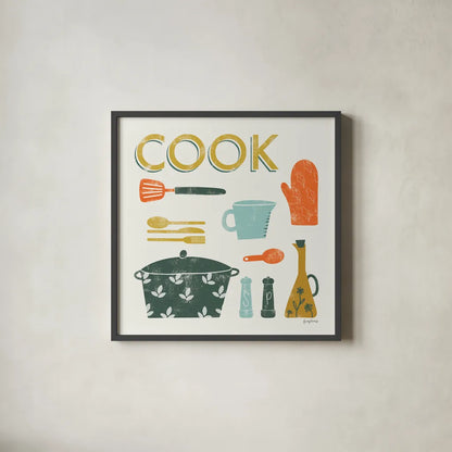 Retro Kitchen III by Becky Thorns. Shown in a sleek black glass frame for a contemporary gallery look. Available as an archival giclee rolled canvas, fine art paper, or poster print. SKU 73294a.