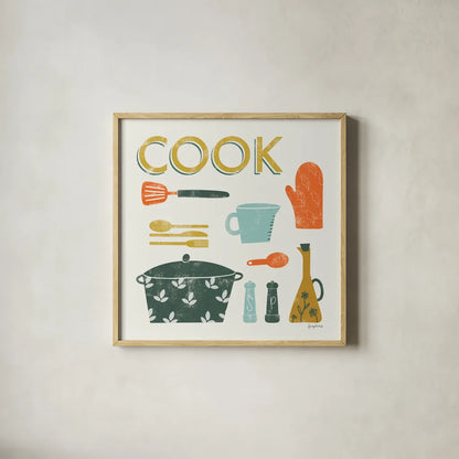 Retro Kitchen III by Becky Thorns. Shown in a natural wood glass frame for a timeless modern aesthetic. Available as an archival giclee rolled canvas, fine art paper, or poster print. SKU 73294a.