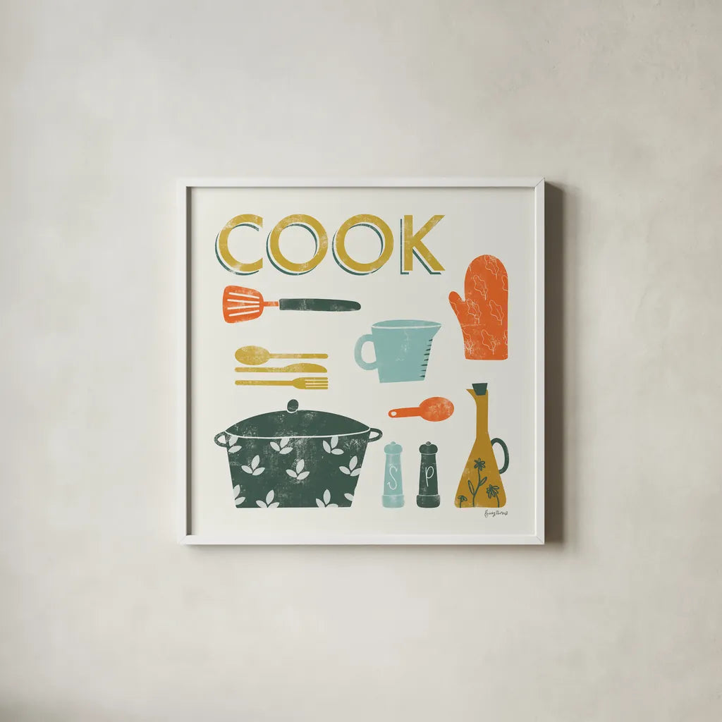 Retro Kitchen III by Becky Thorns. Shown in a crisp white glass frame for a clean and minimalist style. Available as an archival giclee rolled canvas, fine art paper, or poster print. SKU 73294a.
