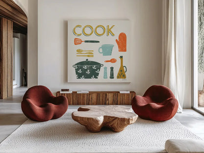 Retro Kitchen III by Becky Thorns. Shown as extra-large giant wall art in a modern living room. Available as an archival giclee rolled canvas, fine art paper, or poster print. SKU 73294a.