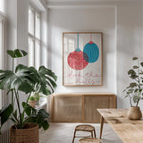 Retro Ornament V Red by Becky Thorns. shown as a print in a natural wood frame in a dining room. Available as a archival giclee rolled canvas, fine art paper, or poster print. SKU 75403h.