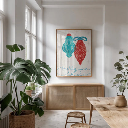 Retro Ornament VIII Blue by Becky Thorns. shown as a print in a natural wood frame in a dining room. Available as a archival giclee rolled canvas, fine art paper, or poster print. SKU 75404h.