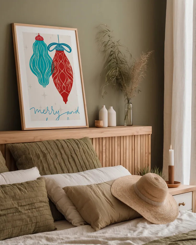 Retro Ornament VIII Blue by Becky Thorns. shown as a paper print in a natural frame. Available as a archival giclee rolled canvas, fine art paper, or poster print. SKU 75404h.