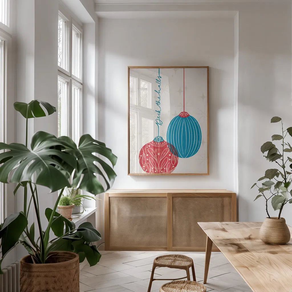 Retro Ornaments I by Becky Thorns. shown as a print in a natural wood frame in a dining room. Available as a archival giclee rolled canvas, fine art paper, or poster print. SKU 74334h.