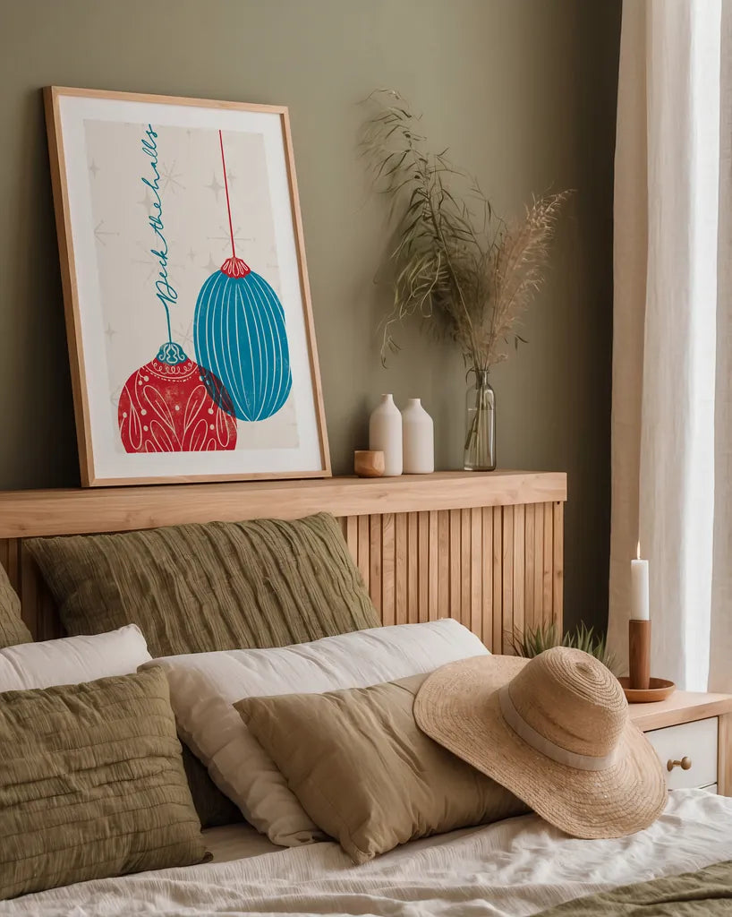 Retro Ornaments I by Becky Thorns. shown as a paper print in a natural frame. Available as a archival giclee rolled canvas, fine art paper, or poster print. SKU 74334h.