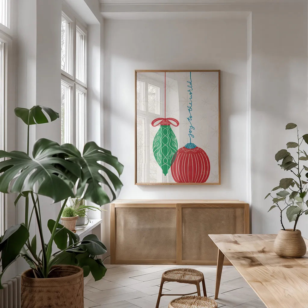 Retro Ornaments II by Becky Thorns. shown as a print in a natural wood frame in a dining room. Available as a archival giclee rolled canvas, fine art paper, or poster print. SKU 74335h.