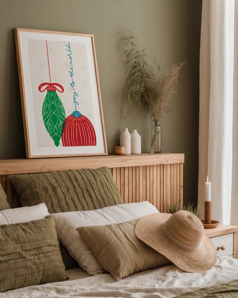 Retro Ornaments II by Becky Thorns. shown as a paper print in a natural frame. Available as a archival giclee rolled canvas, fine art paper, or poster print. SKU 74335h.