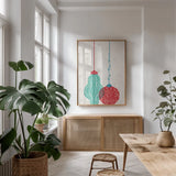 Retro Ornaments III by Becky Thorns. shown as a print in a natural wood frame in a dining room. Available as a archival giclee rolled canvas, fine art paper, or poster print. SKU 74336h.