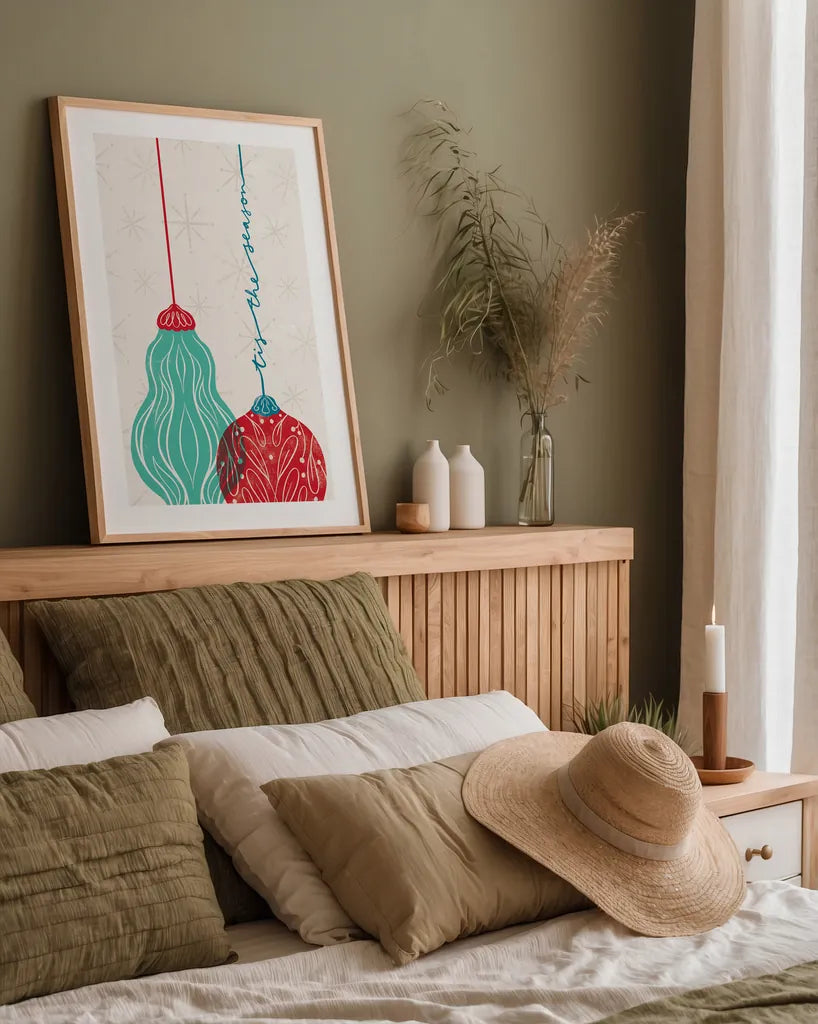 Retro Ornaments III by Becky Thorns. shown as a paper print in a natural frame. Available as a archival giclee rolled canvas, fine art paper, or poster print. SKU 74336h.