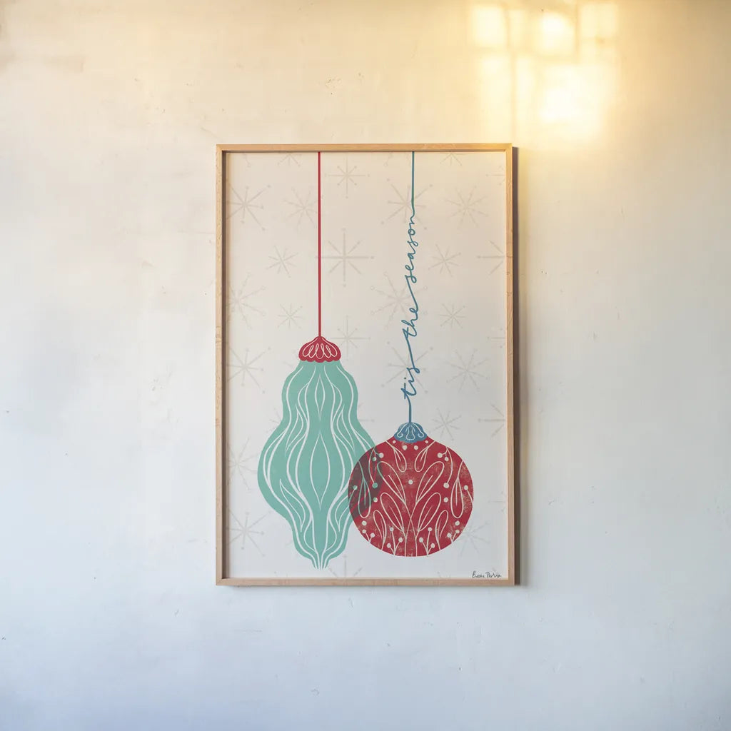 Retro Ornaments III by Becky Thorns. shown as a paper print in a natural frame. Available as a archival giclee rolled canvas, fine art paper, or poster print. SKU 74336h.