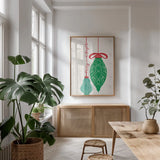 Retro Ornaments IV by Becky Thorns. shown as a print in a natural wood frame in a dining room. Available as a archival giclee rolled canvas, fine art paper, or poster print. SKU 74337h.