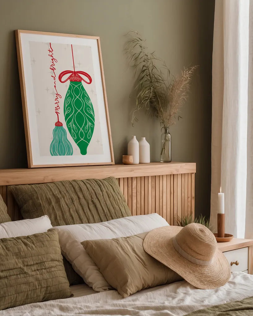 Retro Ornaments IV by Becky Thorns. shown as a paper print in a natural frame. Available as a archival giclee rolled canvas, fine art paper, or poster print. SKU 74337h.