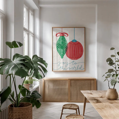 Retro Ornaments VI by Becky Thorns. shown as a print in a natural wood frame in a dining room. Available as a archival giclee rolled canvas, fine art paper, or poster print. SKU 74339h.