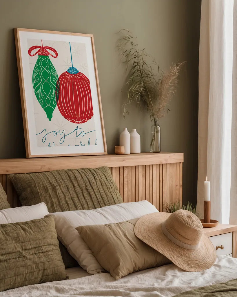 Retro Ornaments VI by Becky Thorns. shown as a paper print in a natural frame. Available as a archival giclee rolled canvas, fine art paper, or poster print. SKU 74339h.