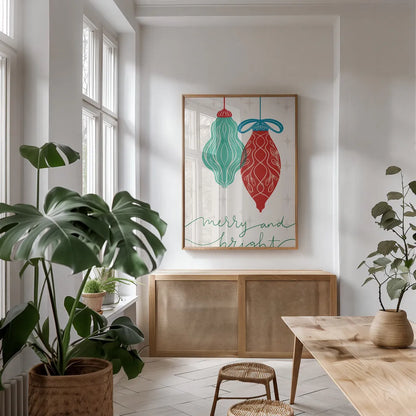 Retro Ornaments VIII by Becky Thorns. shown as a print in a natural wood frame in a dining room. Available as a archival giclee rolled canvas, fine art paper, or poster print. SKU 74341h.