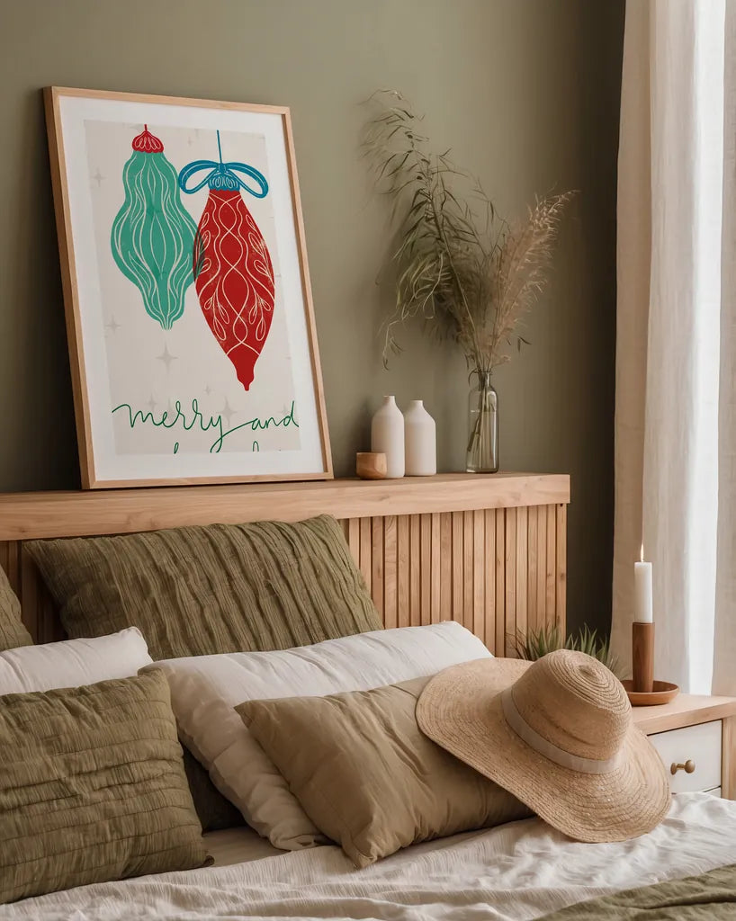 Retro Ornaments VIII by Becky Thorns. shown as a paper print in a natural frame. Available as a archival giclee rolled canvas, fine art paper, or poster print. SKU 74341h.