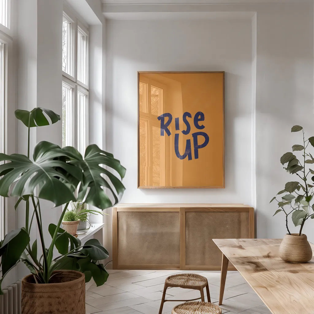 Rise Up II by Becky Thorns. shown as a print in a natural wood frame in a dining room. Available as a archival giclee rolled canvas, fine art paper, or poster print. SKU 67922h.