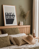 Rise and Grind BW by Becky Thorns. shown as a paper print in a natural frame. Available as a archival giclee rolled canvas, fine art paper, or poster print. SKU 59633h.