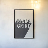 Rise and Grind BW by Becky Thorns. shown as a paper print in a black flame. Available as a archival giclee rolled canvas, fine art paper, or poster print. SKU 59633h.