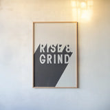 Rise and Grind BW by Becky Thorns. shown as a paper print in a natural frame. Available as a archival giclee rolled canvas, fine art paper, or poster print. SKU 59633h.