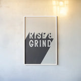 Rise and Grind BW by Becky Thorns. shown as a paper print in a white frame. Available as a archival giclee rolled canvas, fine art paper, or poster print. SKU 59633h.