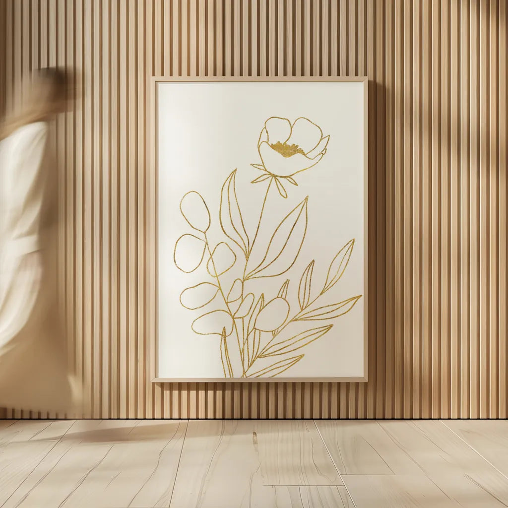 Rooted Florals IV Gold by Becky Thorns. shown as over sized large wall art. Available as an archival giclee rolled canvas, fine art paper, or poster print. SKU 69562h.