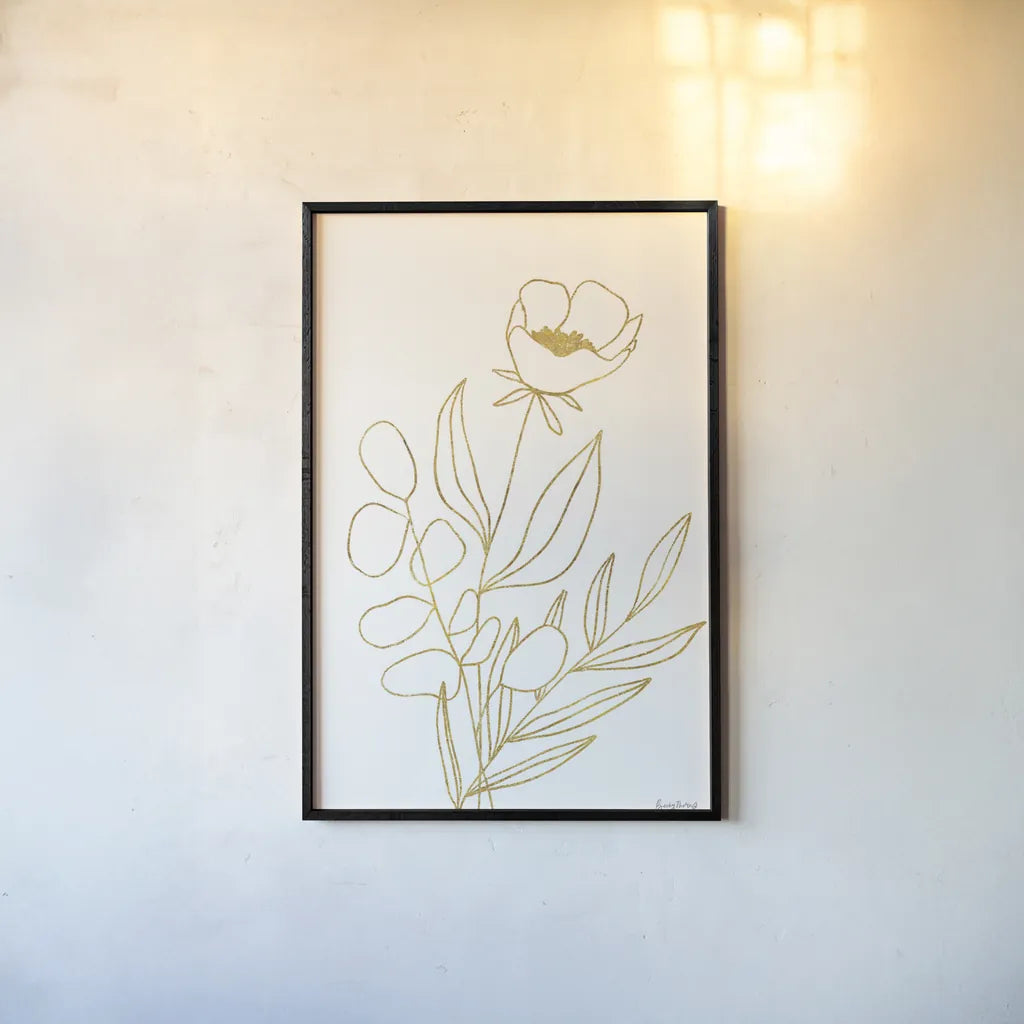 Rooted Florals IV Gold by Becky Thorns. shown as a paper print in a black flame. Available as a archival giclee rolled canvas, fine art paper, or poster print. SKU 69562h.
