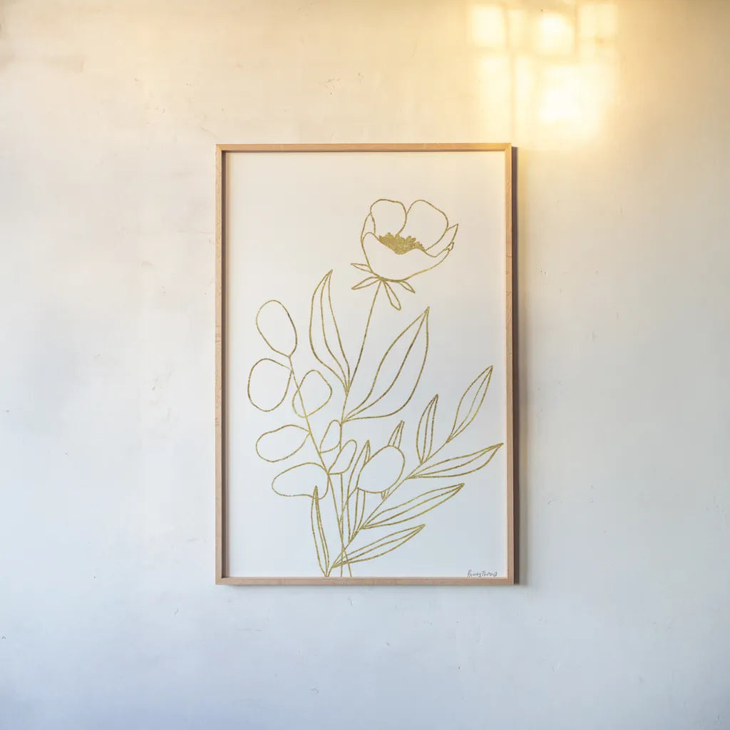 Rooted Florals IV Gold by Becky Thorns. shown as a paper print in a natural frame. Available as a archival giclee rolled canvas, fine art paper, or poster print. SKU 69562h.