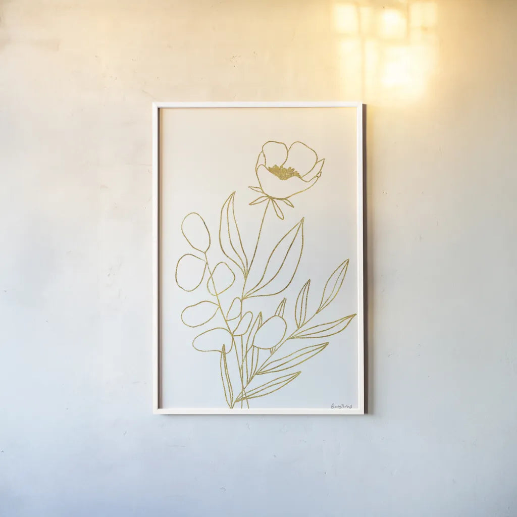 Rooted Florals IV Gold by Becky Thorns. shown as a paper print in a white frame. Available as a archival giclee rolled canvas, fine art paper, or poster print. SKU 69562h.