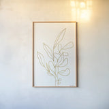 Rooted Florals V Gold by Becky Thorns. shown as a paper print in a natural frame. Available as a archival giclee rolled canvas, fine art paper, or poster print. SKU 69563h.