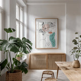 Rooted I by Becky Thorns. shown as a print in a natural wood frame in a dining room. Available as a archival giclee rolled canvas, fine art paper, or poster print. SKU 63954h.