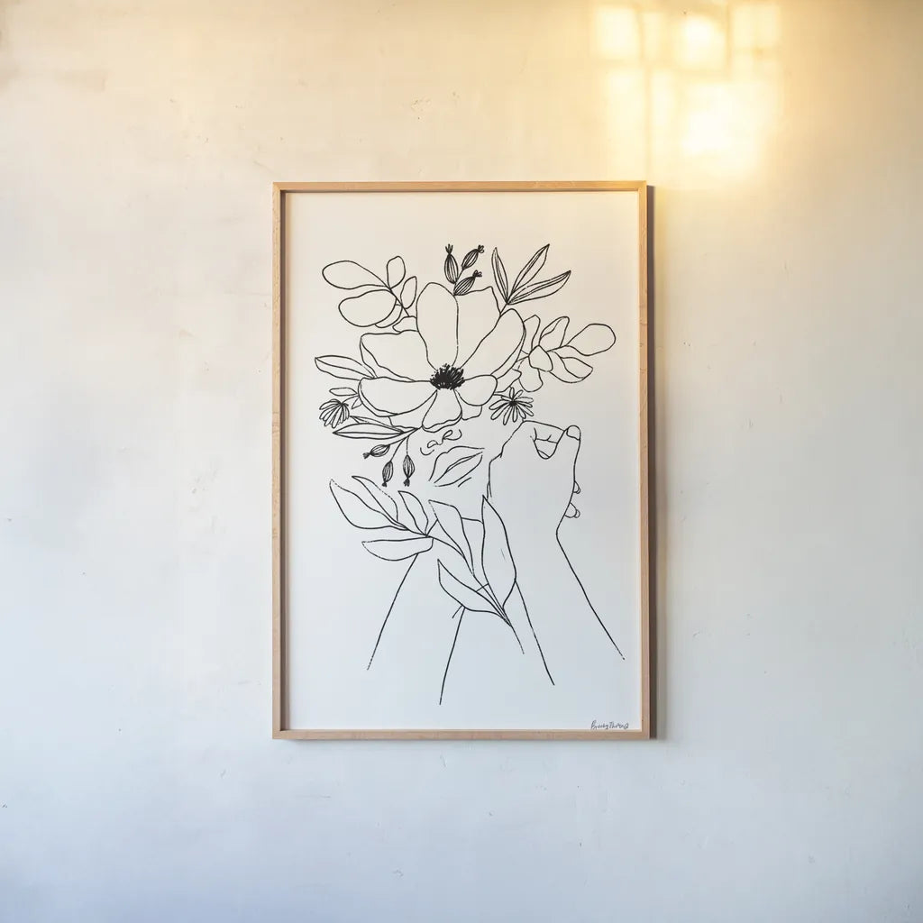 Rooted II BW by Becky Thorns. shown as a paper print in a natural frame. Available as a archival giclee rolled canvas, fine art paper, or poster print. SKU 79097h.