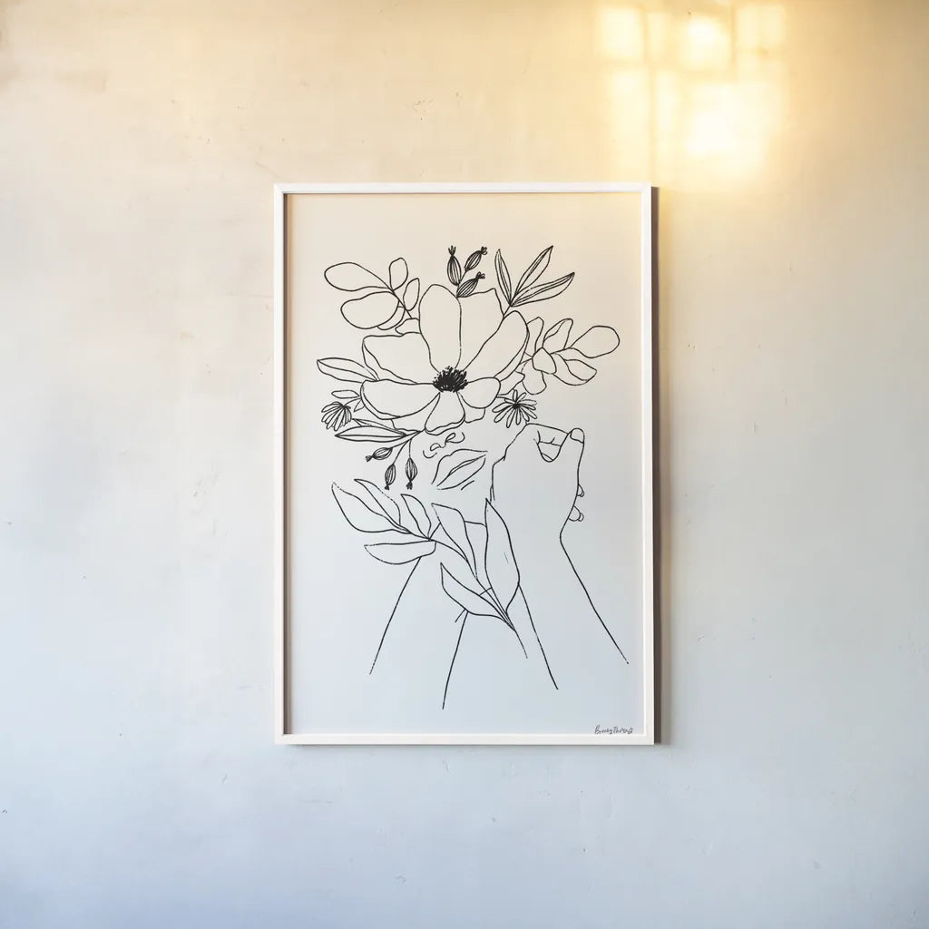 Rooted II BW by Becky Thorns. shown as a paper print in a white frame. Available as a archival giclee rolled canvas, fine art paper, or poster print. SKU 79097h.