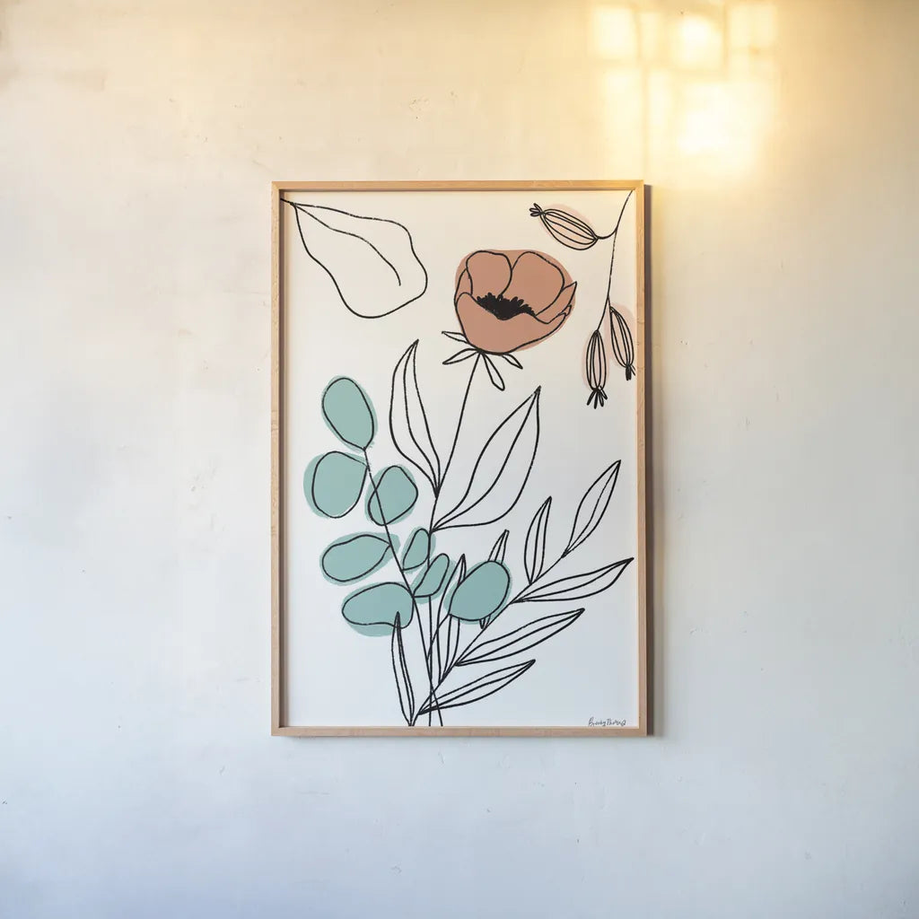 Rooted IV by Becky Thorns. shown as a paper print in a natural frame. Available as a archival giclee rolled canvas, fine art paper, or poster print. SKU 63957h.