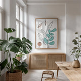 Rooted V by Becky Thorns. shown as a print in a natural wood frame in a dining room. Available as a archival giclee rolled canvas, fine art paper, or poster print. SKU 63958h.