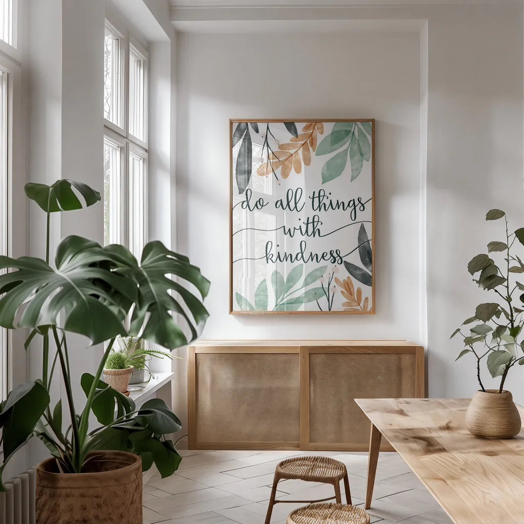 Sage Sayings IV by Becky Thorns. shown as a print in a natural wood frame in a dining room. Available as a archival giclee rolled canvas, fine art paper, or poster print. SKU 68251h.